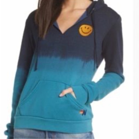 Aviator Nation Women’s Blue/Green Smiley Face Embroidered Hombre V-NeckHoodie😃 - Picture 13 of 13